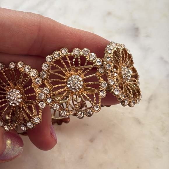Gold Flower and Crystal Stretch Statement Bracelet / Cuff - Picture 3 of 5